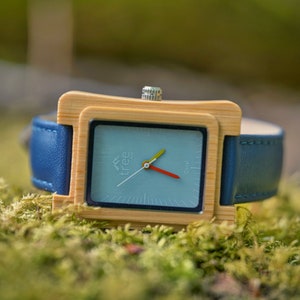Coral Blue Face Bamboo Watch Leather strap image 7