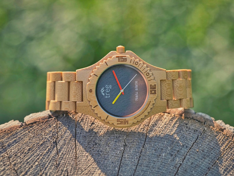 Beautiful Handcrafted Limited Edition Nalu Large Bamboo & Slate Watch Bamboo strap image 7