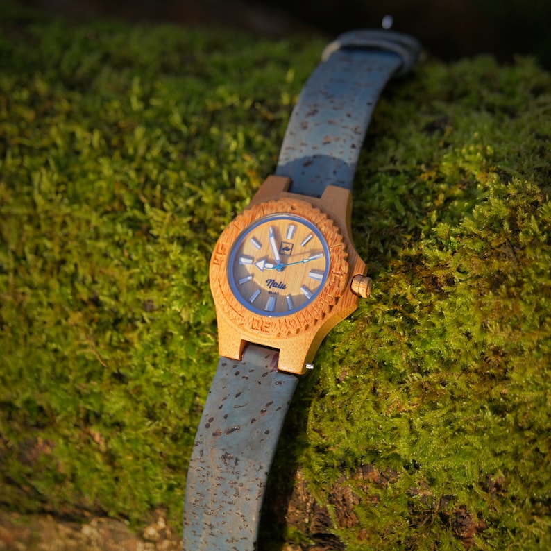 NALU SMALL Bamboo Watch Cork strap BLUE image 5
