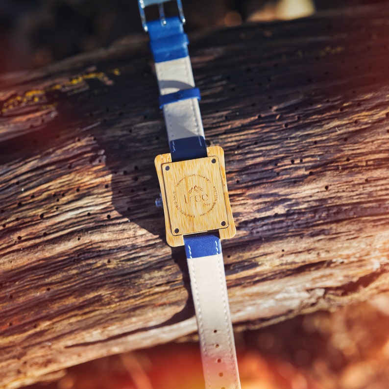 Coral Blue Face Bamboo Watch Leather strap image 3