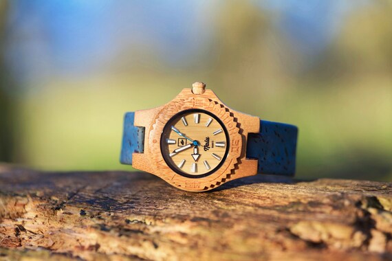 NALU SMALL Bamboo Watch - Cork strap BLUE