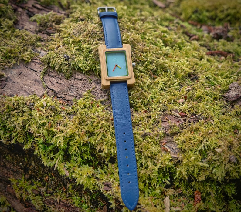 Coral Blue Face Bamboo Watch Leather strap image 5