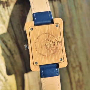 Coral Blue Face Bamboo Watch Leather strap image 9