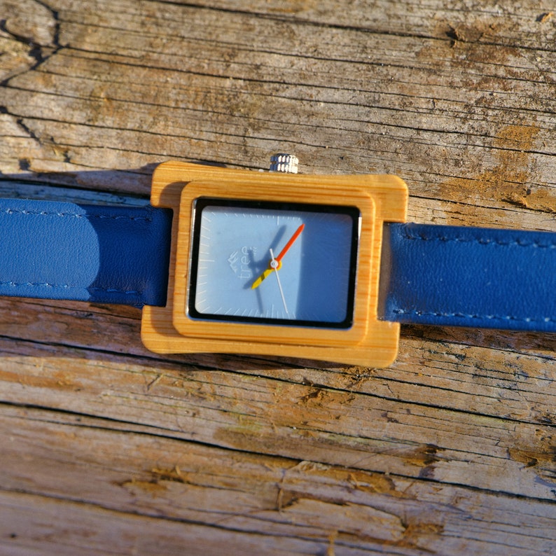 Coral Blue Face Bamboo Watch Leather strap image 4