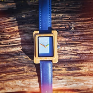 Coral Blue Face Bamboo Watch Leather strap image 1