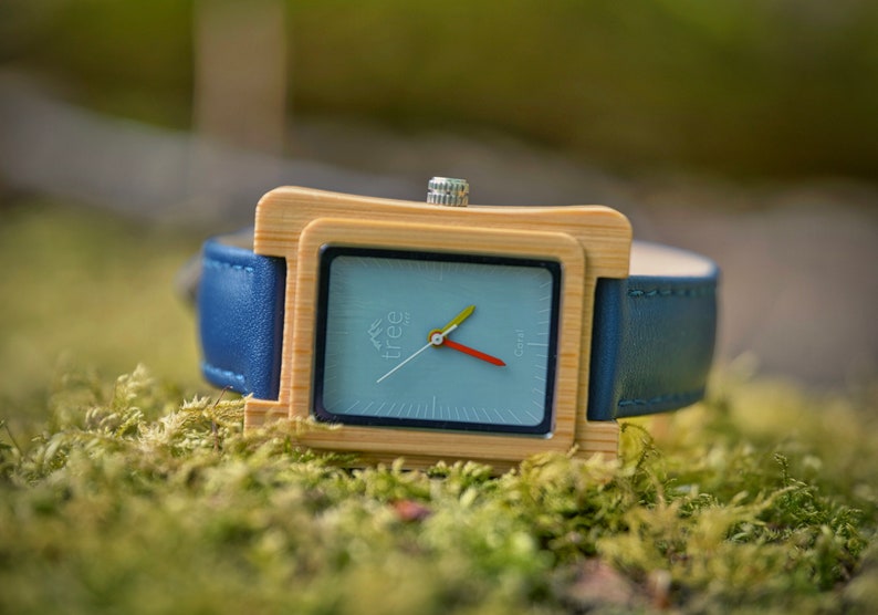 Coral Blue Face Bamboo Watch Leather strap image 7