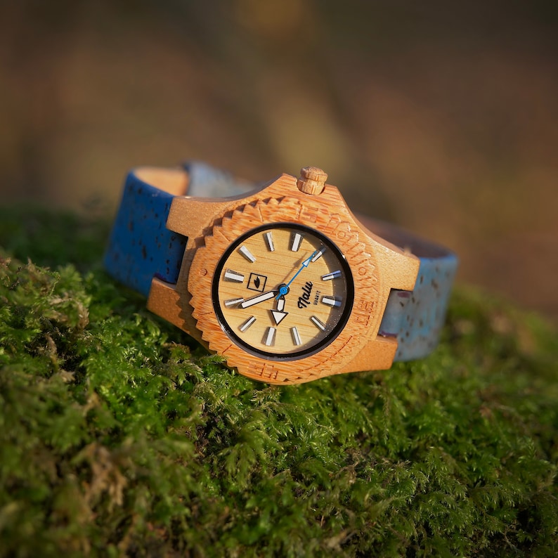 NALU SMALL Bamboo Watch Cork strap BLUE image 6