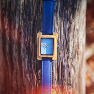 Coral Blue Face Bamboo Watch Leather strap image 2