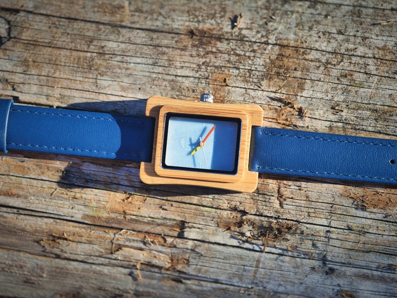 Coral Blue Face Bamboo Watch Leather strap image 6