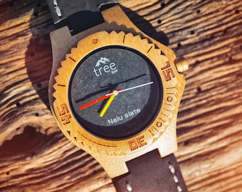 Beautiful Handcrafted Limited Edition - Large Nalu Slate/Bamboo/Leather - Natural Timepiece - Genuine Leather Strap