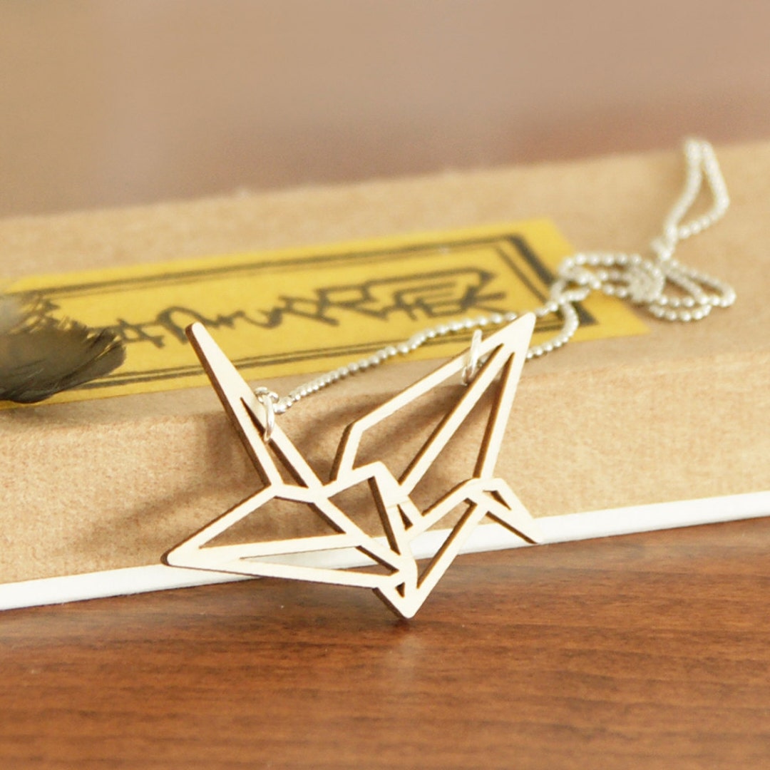 Origami Crane Necklace Laser Cut From Birch Wood Geometric Etsy