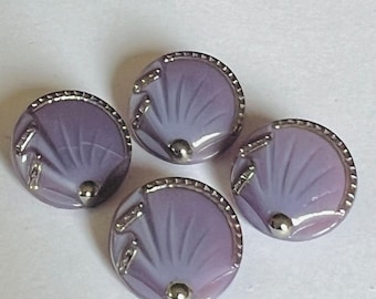 Set of 4 Vintage Round Purple Czech Glass Buttons with Silver Accent, 15 mm, Purple Glass Buttons, Vintage Buttons, Czech Glass Buttons