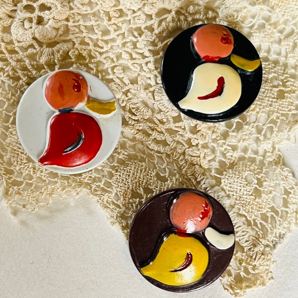 Vintage set of three casein French white, brown and black buttons with cute hand painted duck buttons, duck bird buttons, vintage buttons
