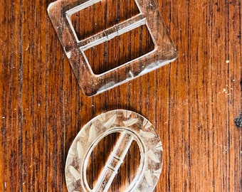 Two Vintage Medium Oval and Square Clear Glass Etched Buckles, Glass Buckles, Vintage Buckles, Czech Glass Buckles