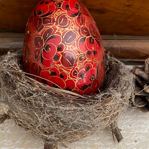 Vintage red gold floral patterned paper mache Easter egg from Indian Kashmir; Easter gift decorations