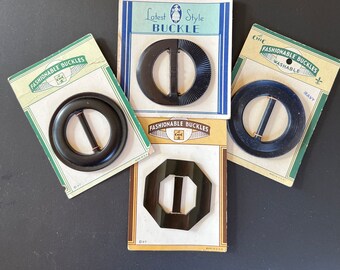 Four Vintage Black Navy Plastic Belt Buckles on Original Cards, Mid Century Buckles, Vintage Buckles, Black Buckles, Retro Buckles