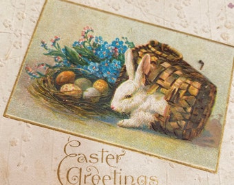 Carte postale édouardienne antique de célébration de Pâques de voeux de voeux de lapin estampée, éphémères vintage antiques