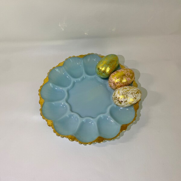 Vintage EGG PLATE, Delphine  Blue Milk Glass