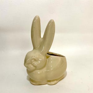 May include: Cream-colored ceramic bunny planter. The bunny has long ears and a small opening for planting. The planter is a decorative item, perfect for spring or Easter decor. The bunny is glossy and has a smooth finish.