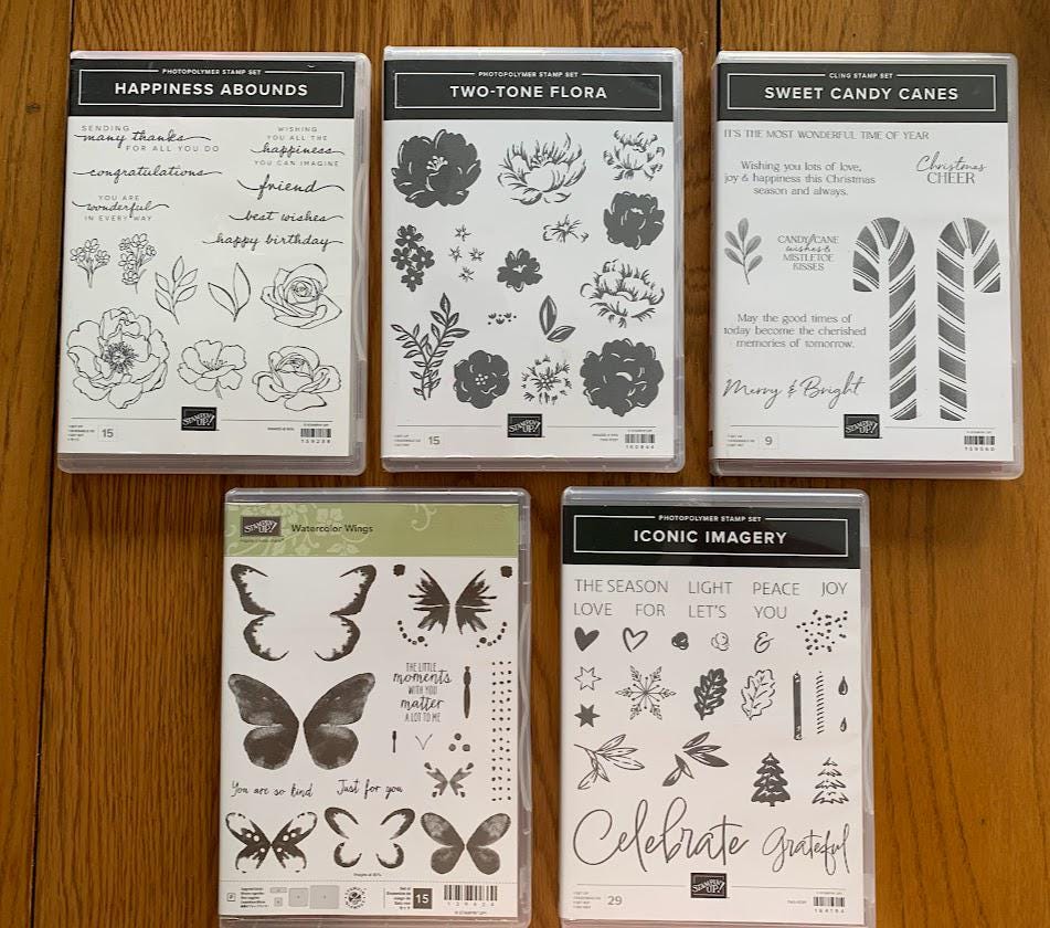 Retired Stampin Up stamp and die bundles, Watercolor Wings, Iconic Imagery, Sweet Candy Canes, Happiness Abounds, Two Tone Flora