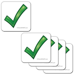 May include: Set of six green checkmark stickers. Each sticker is square shaped and features a green checkmark on a white background. The stickers are perfect for adding a touch of fun and organization to your home, office, or classroom.
