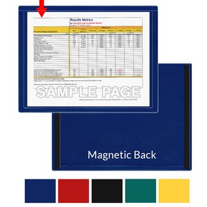 May include: A blue magnetic dry-erase board with a white sheet of paper inside. The paper has a table with the title "Results Metrics for Sample Improvement Event". The board has a black magnetic strip on the right side and the words "Magnetic Back" printed on the bottom. The board is surrounded by four color swatches: red, black, green, and yellow.