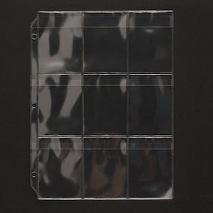May include: Clear plastic page with nine individual pockets for holding trading cards or other collectibles. The page has two holes for binding.