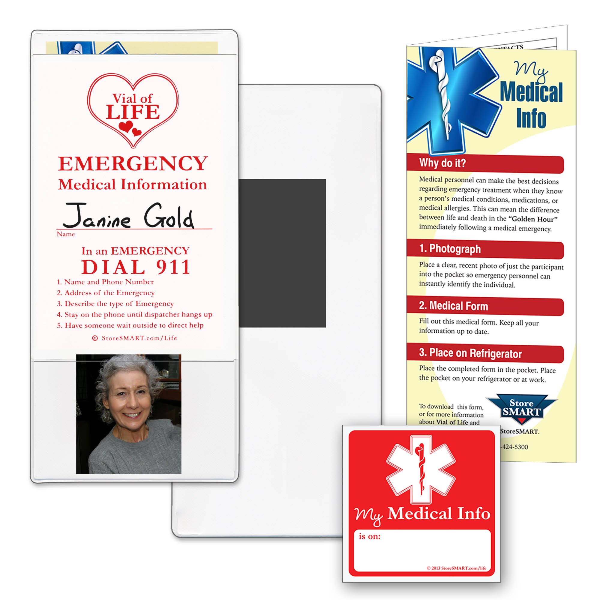 Vial / File of Life Medical Info Pocket - Magnetic Back - For refrigerator, locker, filing cabinets - (VHTSM)