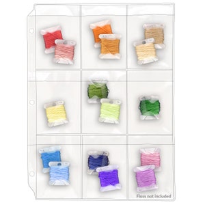 May include: A clear plastic page with nine individual pockets for storing embroidery floss. Each pocket has a small label for organizing the floss by color or number. The floss is not included.