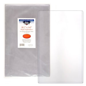 May include: Clear rigid toploaders for legal-size documents and menus. The toploaders are 8.5" x 14" and made of high-quality PVC. The thickness is 15 gauge. The toploaders are open on the short side.