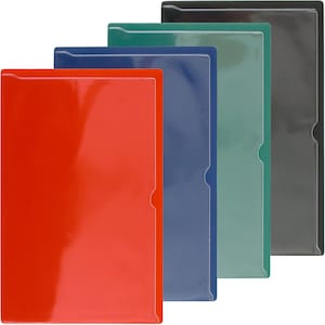 May include: Four plastic document folders in red, blue, green, and black.