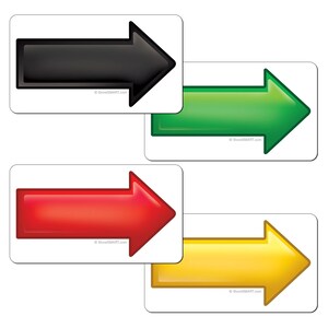May include: Four arrow signs with white backgrounds. The arrows point to the right. The arrows are black, green, red, and yellow.