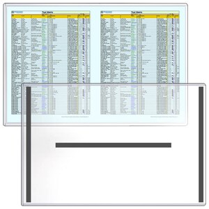 May include: A white dry-erase board with a clear plastic cover and black magnetic strips on the sides. The board has two columns of text, each titled "Tool Matrix".
