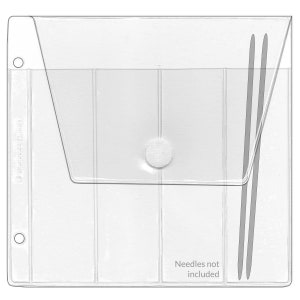 May include: Clear plastic knitting needle case with a flap closure secured by a white velcro dot. The case has multiple vertical compartments and two knitting needles are visible. The text "Needles not included" is printed on the bottom.