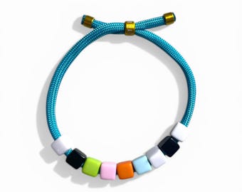 Rainbow Bead Bracelet with Blue Cord