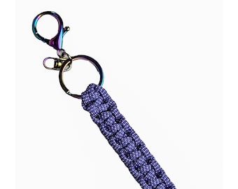 Blue Patterned Paracord Keychain with Rainbow Metal Clasp