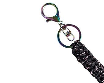 Black & Pink Paracord Keychain with Rainbow Metal Clasp