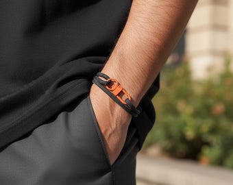 Anthracite Grey Paracord Mens Bracelet: Adjustable Sliding Knot, Orange Clasp