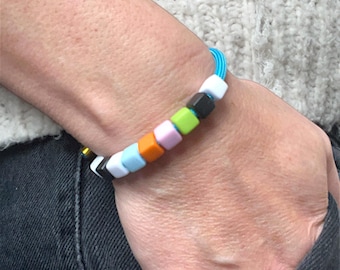 Rainbow Bead Bracelet with Blue Cord