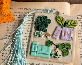 Polymer Clay Bookshelf Bookmark, book lover gift,  book accessories, handmade  reader gift, plant bookmark