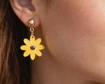 Yellow Daisy Polymer Clay Dangle Earrings, 18K Gold Plated Studs