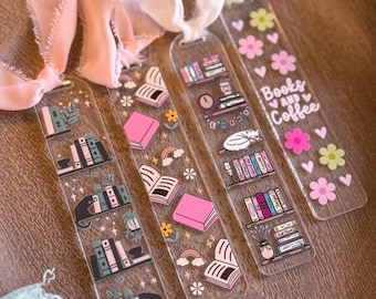 Acrylic Bookmark with cats, flowers, books, and ribbon, book lover gift,  book accessories, handmade reader gift, plant bookmark
