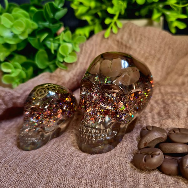 Steampunk Resin Skull, Coffee Bean Resin Skull, handcrafted item, Quirky Desk Paperweight