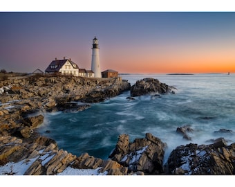 Portland Head Light Fine Art Print, photographie phare côtier du Maine, aube vue sur l'océan