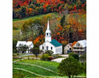 Impression d'automne du Vermont de style blanc de Zazzle.be Liste d'envies Vous avez des idées ? Photographie d'église de feuillage d'automne | Décoration murale Nouvelle-Angleterre