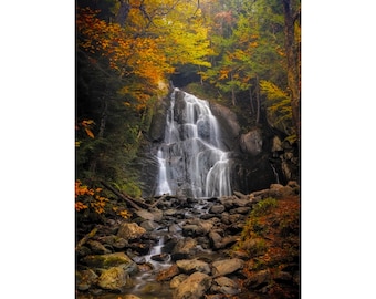 Impression de mousse de Glen Falls, photographie de cascade d'automne du Vermont, art mural de la Nouvelle-Angleterre