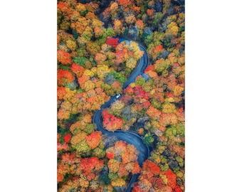 Photo aérienne des couleurs d'automne de Smugglers' Notch, Vermont | Décoration murale de la route sinueuse 108