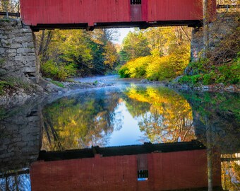 Art mural automne pont de l'abattoir | Vermont Covered Bridge Fall, Vermont | Impression photo Nouvelle-Angleterre