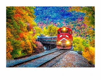 Photographie des Montagnes Blanches du New Hampshire | Train Crawford Notch | Décoration murale feuillage d'automne
