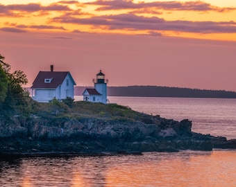 Art mural phare du Maine, aube dorée, photographie côtière impression décoration océan
